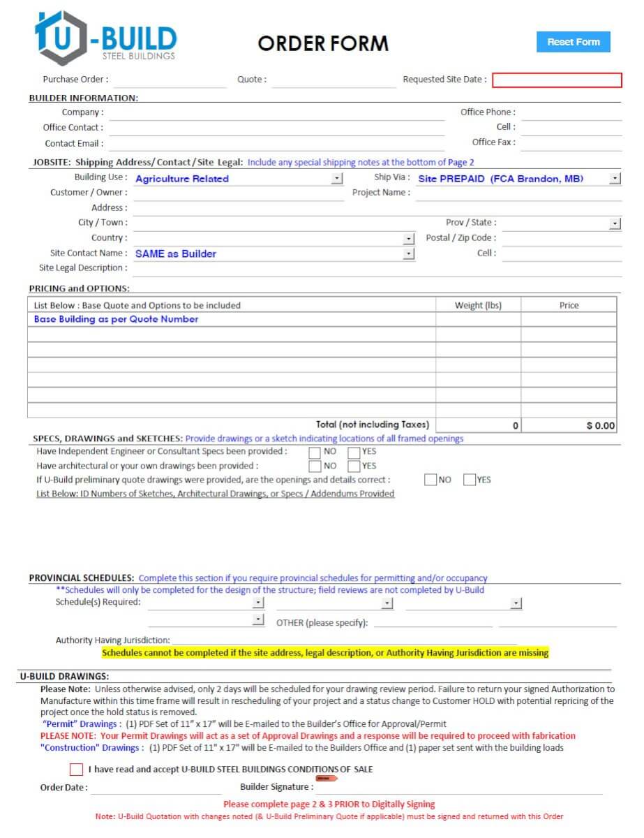 U-Build Steel Buildings Rigid Frame Order Form Pdf File Preview